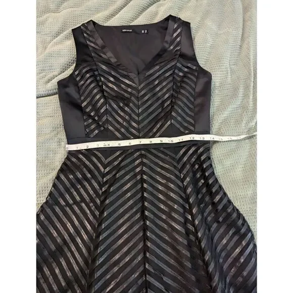 Karen Millen Black Mesh Faux Leather Chevron Stripe Fit Flare Dress Women’s 6 - Picture 5 of 7